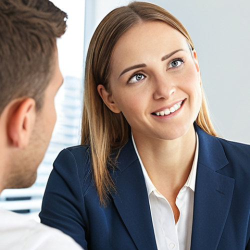 Home 15 **Image Prompt:** A job coach empathetically listening to a client, making eye contact in a bright, modern office setting. The client appears relieved and hopeful. Soft, natural lighting. Focus on the connection between the two individuals.